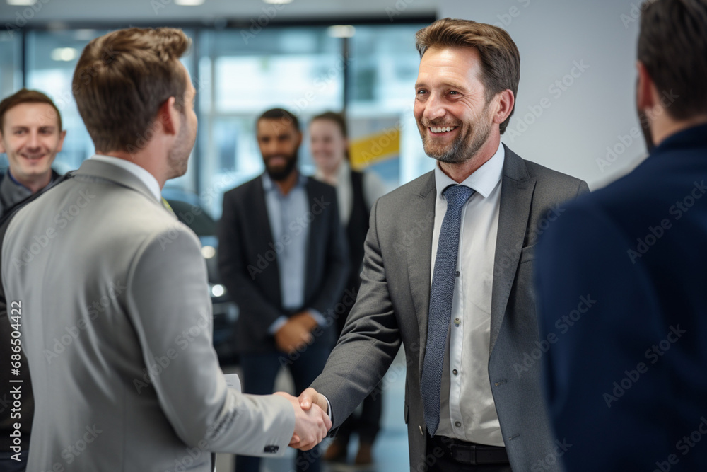 A new male employee gets a warm welcome from an office manager and other staff on the first day of a meeting, a welcome celebrating party for new staff at an office company. Generative AI. A new male employee gets a warm welcome from an office manager and other staff on the first day of a meeting, a welcome celebrating party for new staff at an office company. Generative AI.