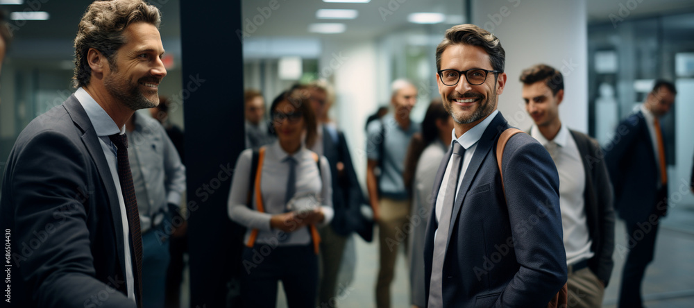 A new male employee gets a warm welcome from an office manager and other staff on the first day of a meeting, a welcome celebrating party for new staff at an office company. Generative AI. - obrazy, fototapety, plakaty 