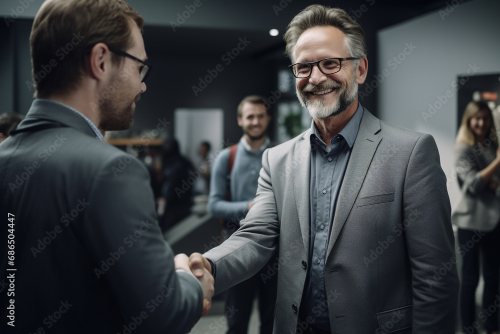 A new male employee gets a warm welcome from an office manager and other staff on the first day of a meeting, a welcome celebrating party for new staff at an office company. Generative AI. A new male employee gets a warm welcome from an office manager and other staff on the first day of a meeting, a welcome celebrating party for new staff at an office company. Generative AI.