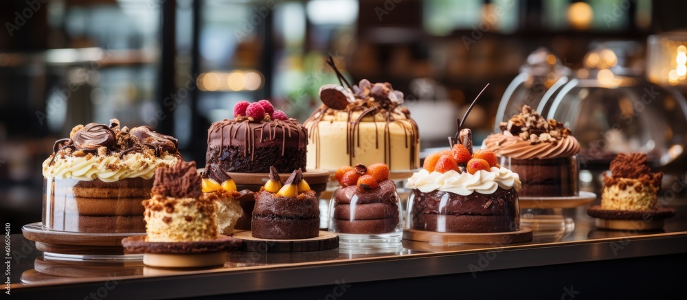 Cafe showcases sweet chocolate dessert and handmade cakes with nuts. Cafe showcases sweet chocolate dessert and handmade cakes with nuts.