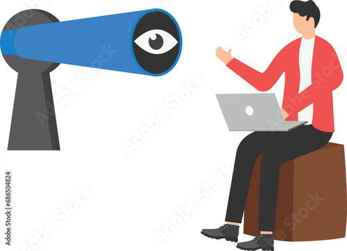 Espionage, employee search, Internet stalking, Businessman character working on a laptop, Spyglass in keyhole.

