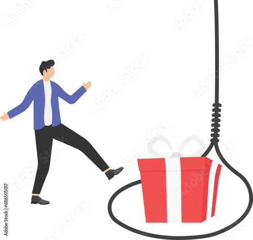 Rope trap with gift box with free sign, Businessman and Rope trap. Fraud, freebies, crime and lies.

