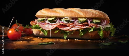 Ham and cheese sub with lettuce, tomatoes, onion, mortadella, and sausage on a black slate.