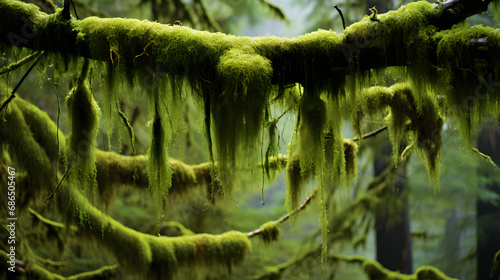 Thick moss hangs from trees in a rainforest near port renfrew, british columbia, canada. generative ai.
