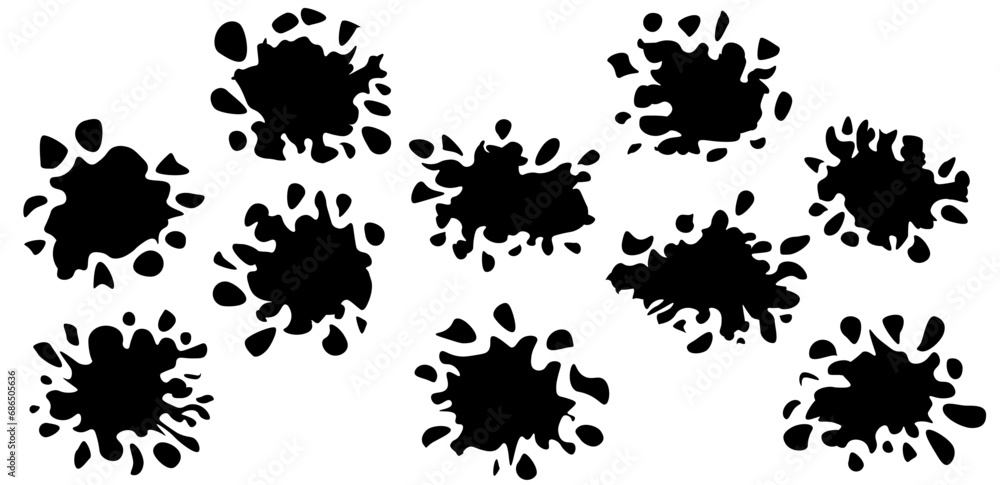 Drop spatter, blot splatters, silhouettes. Vector Abstract artistic ink splatter paint splatter, drops, dots, wet dye prints. Big set of black watercolor paint brush texture. Grunge water, spray Drop spatter, blot splatters, silhouettes. Vector Abstract artistic ink splatter paint splatter, drops, dots, wet dye prints. Big set of black watercolor paint brush texture. Grunge water, spray