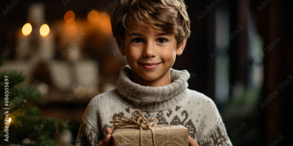 Smiling child in cozy sweater with Christmas gifts, festive decorations background. Winter celebration concept Generative AI