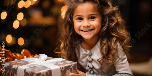 Happy young girl with a Christmas present, elegant festive decorations and soft lighting Generative AI