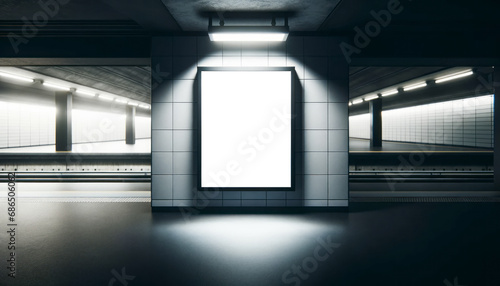 Blank billboard in a subway station with bright artificial lighting. Urban advertising concept. Generative AI