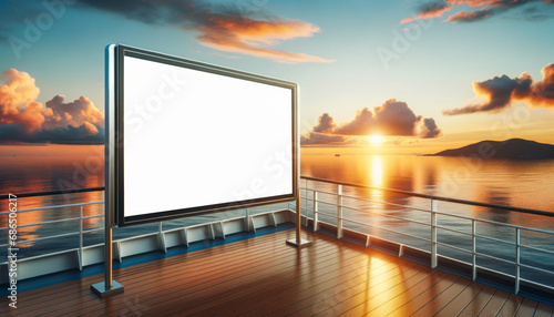 Outdoor billboard on a cruise ship deck at sunset with ocean backdrop. Luxury travel advertising concept. Generative AI