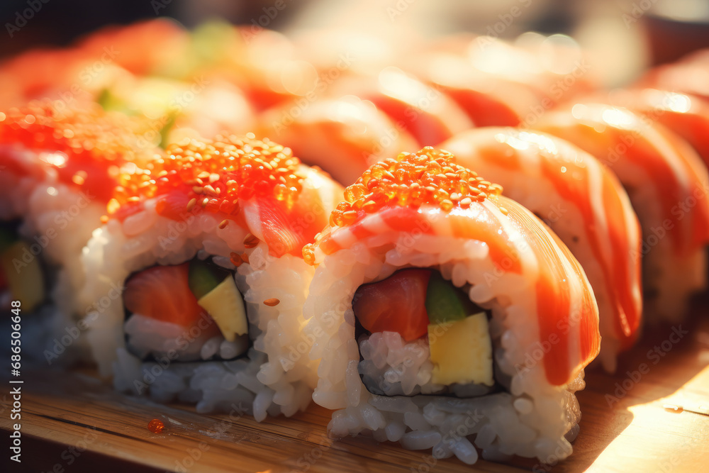 Sushi, food market, photorealistic, close-up shot, food photography