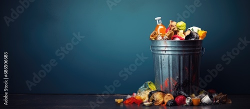 Depressed trash bin filled with mixed trash, incorrect waste management idea. photo