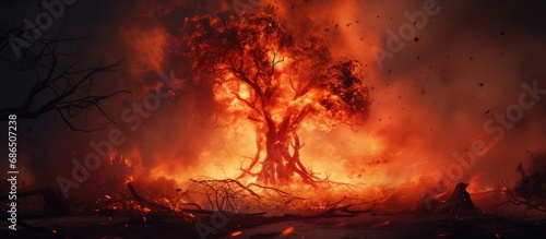 Flaming tree. Urban fire. Dangerous for cars. Deadly blaze. Forest destruction. Climate crisis.