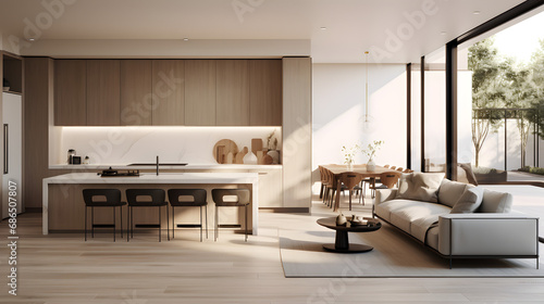 A modern minimalist home interior design with clean lines  sleek furniture  and neutral color palette  featuring an open-concept living space connected to a spacious kitchen  bathed in. generative ai.