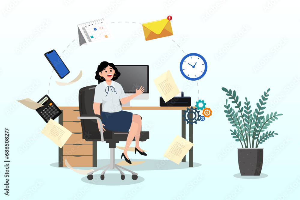 Obraz premium Businesswoman admin working at office desk administrator or assistant occupation, secretary or accountant professional, receptionist work with answer telephone, schedule calendar (Vector)