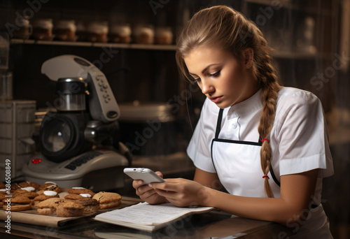 A Caucasian girl pastry chef in the kitchen takes an order by phone  pastry cashier calculate profit and lose with phone 