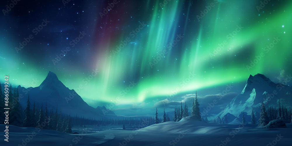 Northern lights banner aurora borealis winter landscape with forest and mountains,A beautiful green and red aurora dancing over the hills.
