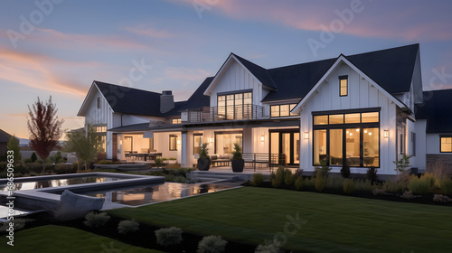 Beautiful modern farmhouse style luxury home exterior at twilight. generative ai.