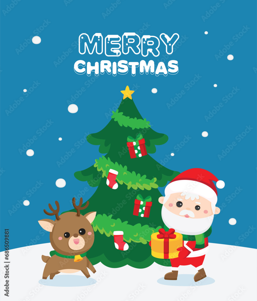 Merry Christmas and Happy New year greeting card with cute Santa Claus and reindeer stand front of gift boxes in sleigh ride on blue background. Merry Christmas and Happy New year greeting card with cute Santa Claus and reindeer stand front of gift boxes in sleigh ride on blue background.