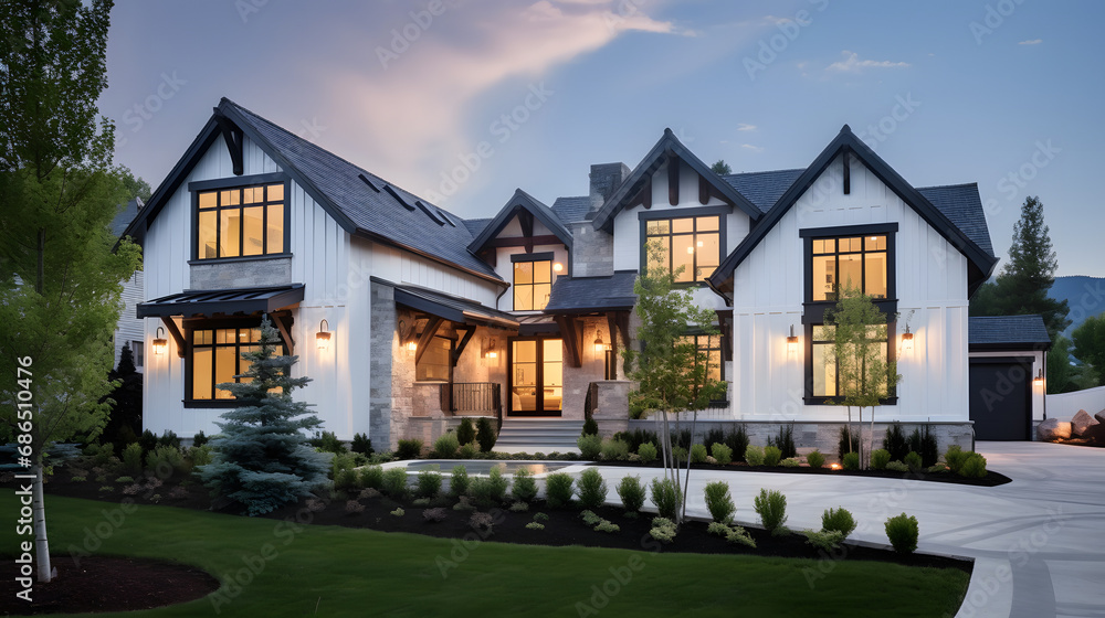 Beautiful, Newly Built Luxury Home Exterior. generative ai. Beautiful, Newly Built Luxury Home Exterior. generative ai.