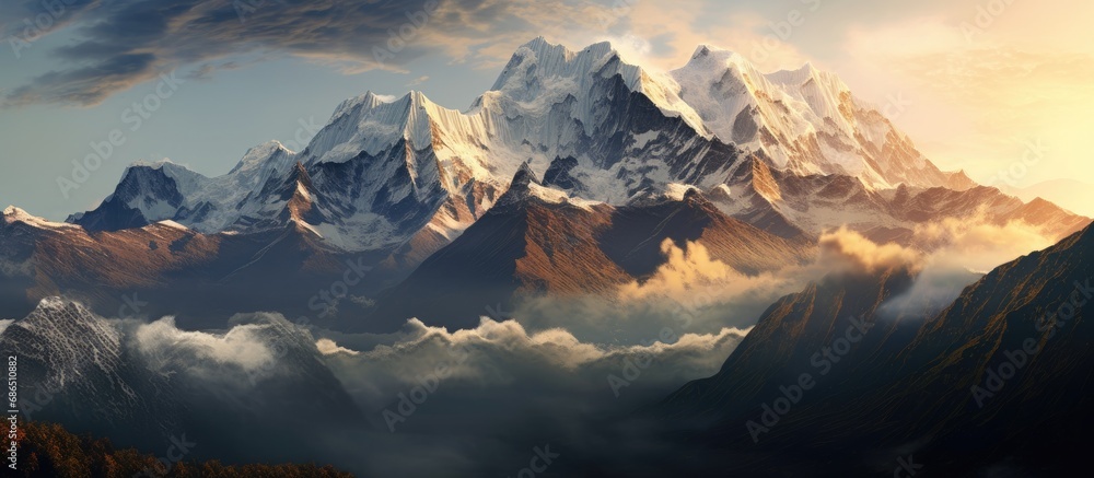 Enchanting image of misty Kanchenjunga, a majestic mountain scenery.