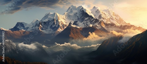 Enchanting image of misty Kanchenjunga, a majestic mountain scenery. photo