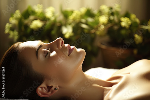 Spa atmosphere, self care, beautiful young woman enjoying relaxation and general well-being