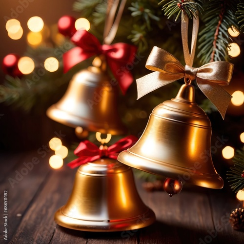 Golden christmas bell ornaments decorating Christmas Tree in traditional holiday celebration