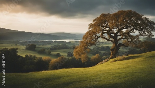 Warm and calming peaceful countryside view with an old oak tree nestled between hills and river  dark and cloudy sky