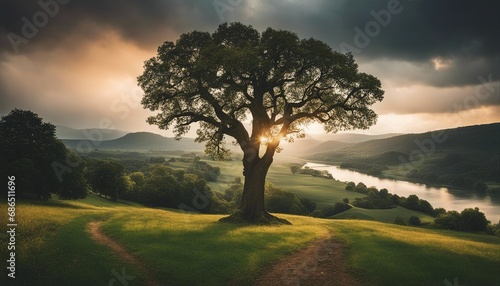 Warm and calming peaceful countryside view with an old oak tree nestled between hills and river, dark and cloudy sky