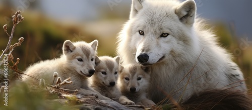 Artic wolf  canis lupus tundrarum  maternal play with offspring.