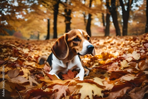 A curious Beagle with floppy ears snuffling through a pile of autumn leaves © shafiq