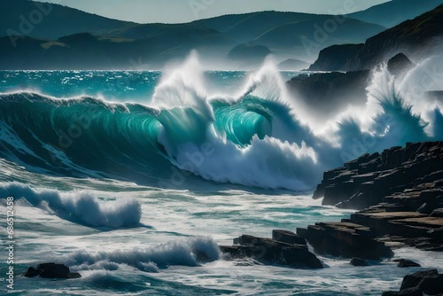 A dynamic wave crashing against a rocky shoreline, with foamy sea spray and the power of the ocean in motion