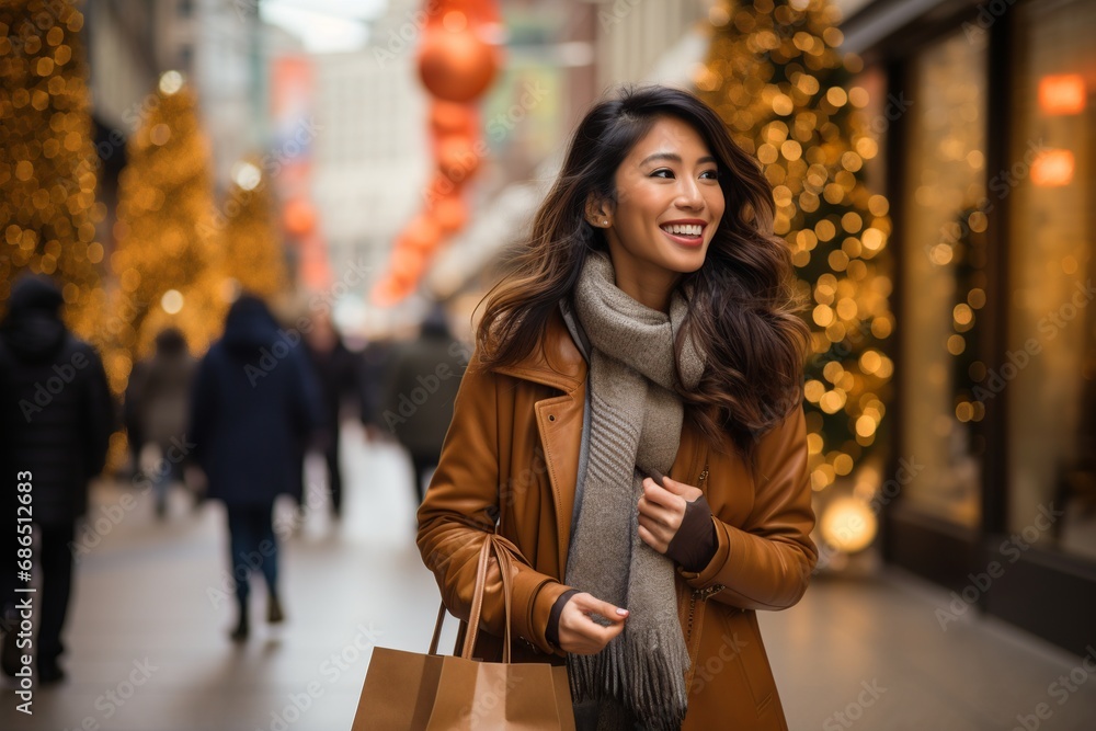 Asian young woman smiling walking with shopping bags in the city on Christmas, portrait of a cheerful Japanese or Korean girl shopping in wintertime for festive celebrations