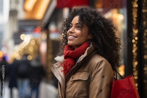 African American young woman smiling walking in the city on Christmas, portrait of a cheerful black girl shopping in wintertime for festive celebrations