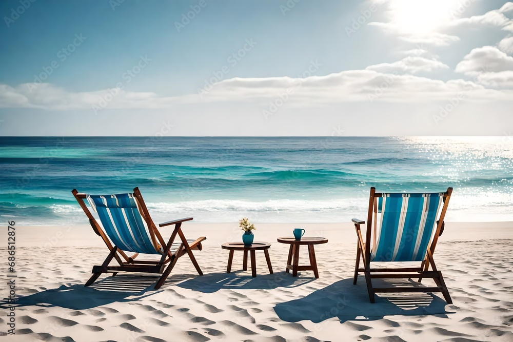 A pair of beach chairs sitting on the shore, facing the vast ocean, with a small table between them, waiting for vacationers to relax and enjoy the view