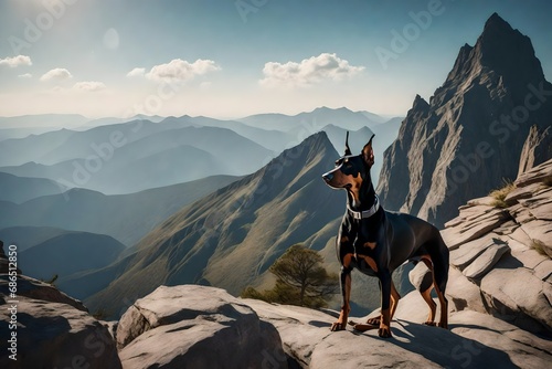regal Doberman Pinscher on a mountain peak, surveying the world with a sense of majesty and determination