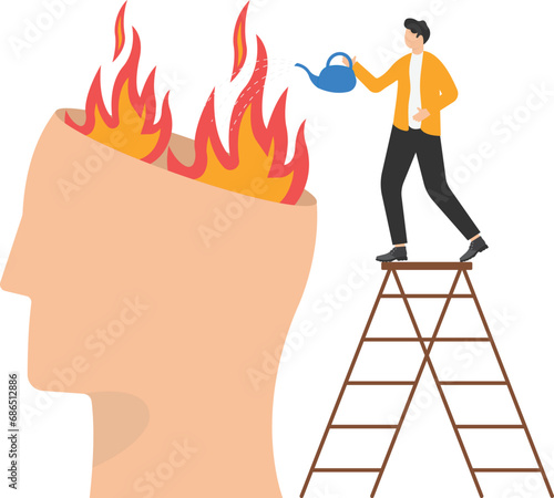 Human hand with watering can put out fire in a burning brain. Psychological therapy helps concepts. Burnout, stress, emotional problems, mental illness. Angry man or woman. Healing vector illustration