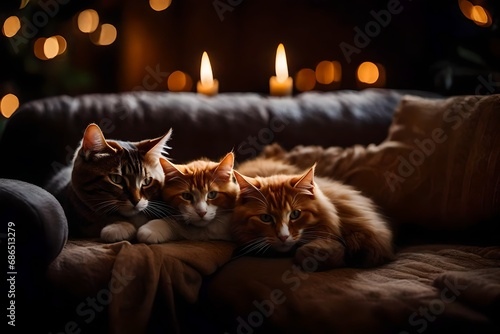 cat sleeping on the couch in the light of candles