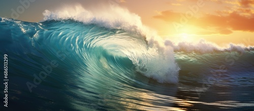 A cinematic view of a big sunlit ocean wave.