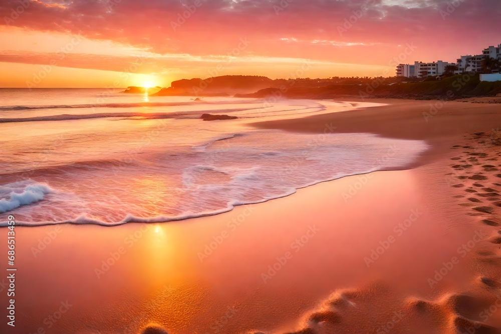 A serene sunrise over the beach, where the sky is painted in shades of pink and orange, casting a warm glow on the sand and water