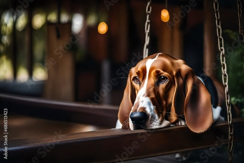 A serene Basset Hound resting on a porch swing, its droopy eyes exuding a sense of calm and contentment