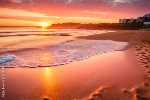 A serene sunrise over the beach, where the sky is painted in shades of pink and orange, casting a warm glow on the sand and water