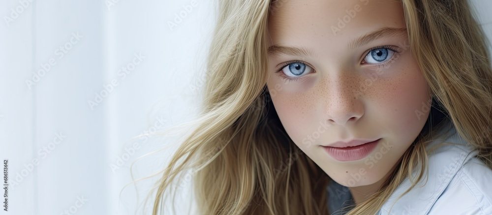 Image showcasing The background of the isolated girls portrait was a plain white wall ...