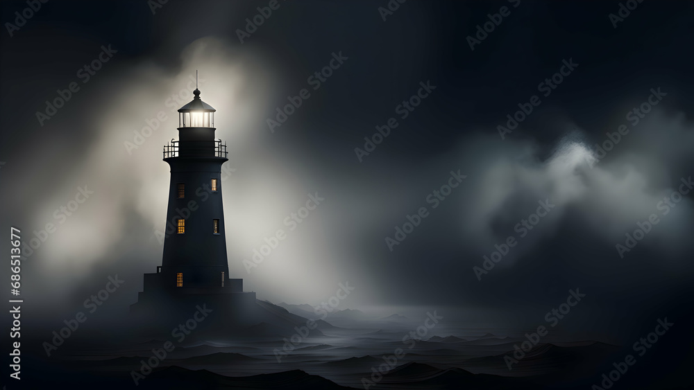 Lighthouse in the fog on a dark background 