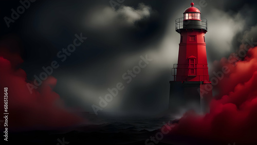 Lighthouse in the fog Dark background.