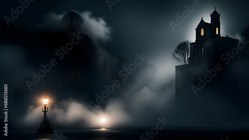 Foggy night scene with church and lanterns,