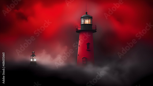 Lighthouse in the red fog at night. 