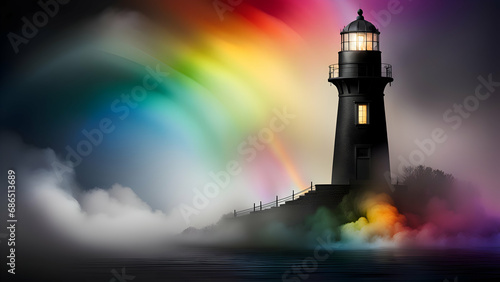 Lighthouse in the fog on a background of a rainbow. 