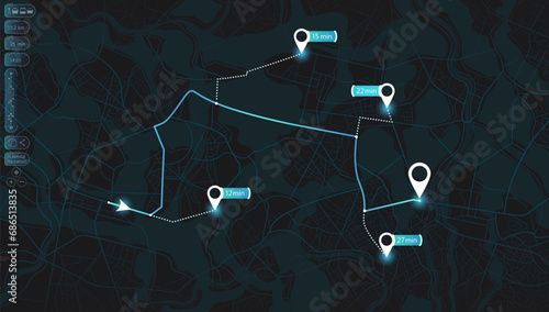 GPS navigator screen with street roads and location, few destination points. City top view. Online navigation. Flat style, Vector, illustration isolated. Urban highway plan, final destination