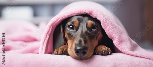 Black and tan dachshund in pink sleepwear rests in bed after shower.